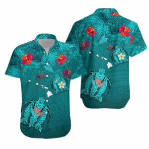 Hawaiian Islands Hawaiian Shirt Hawaii Tropical Flowers And Turtles Turquoise  - Thelegend59