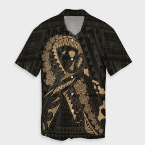 Hawaiian Map Heart Ribbon Cancer Hibiscus Gold Hawaiian Shirt  - Thelegend59
