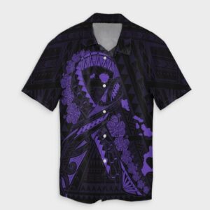 Hawaiian Map Heart Ribbon Cancer Hibiscus Purple Hawaiian Shirt  - Thelegend59