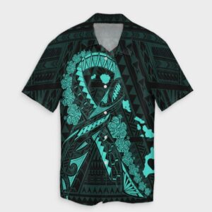 Hawaiian Map Heart Ribbon Cancer Hibiscus Turquoise Hawaiian Shirt  - Thelegend59