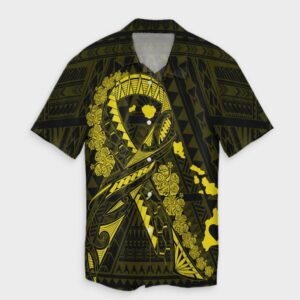Hawaiian Map Heart Ribbon Cancer Hibiscus Yellow Hawaiian Shirt  - Thelegend59