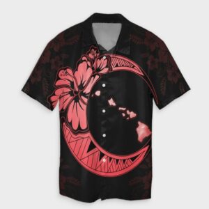 Hawaiian Map Hibiscus Turtle Moon Hawaiian Shirt Red  - Thelegend59