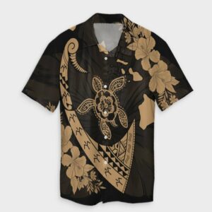Hawaiian Map Hibiscus Turtle Fish Hook Hawaiian Shirt Gold  - Thelegend59