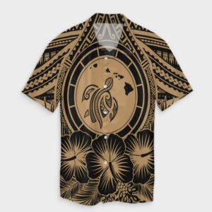 Hawaiian Map Honu Hibiscus Tropic Gold Hawaiian Shirt  - Thelegend59
