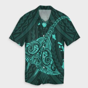 Hawaiian Map Kanaka Manta Ray Hawaiian Shirt Turquoise  - Thelegend59