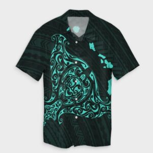 Hawaiian Map Manta Ray Turquoise Hawaiian Shirt  - Thelegend59