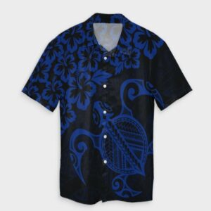 Hawaiian Map Turtle Hibiscus Kanaka Hawaiian Shirt - Blue  - Thelegend59