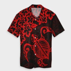 Hawaiian Map Turtle Hibiscus Kanaka Hawaiian Shirt - Red  - Thelegend59
