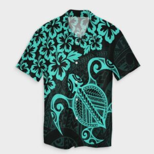 Hawaiian Map Turtle Hibiscus Kanaka Hawaiian Shirt - Turquoise  - Thelegend59