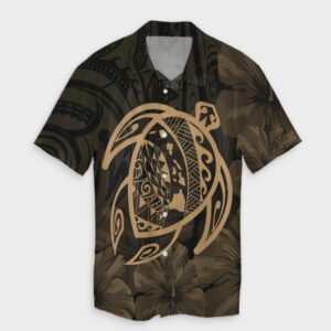 Hawaiian Map Turtle Kanaka Hibiscus Hawaiian Shirt - Gold  - Thelegend59