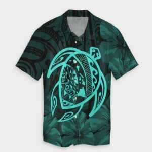 Hawaiian Map Turtle Kanaka Hibiscus Hawaiian Shirt - Turquoise  - Thelegend59
