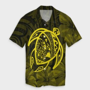 Hawaiian Map Turtle Kanaka Hibiscus Hawaiian Shirt - Yellow  - Thelegend59
