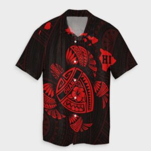 Hawaiian Map Turtle Ohana Hibicus Hawaiian Shirt - Red  - Thelegend59