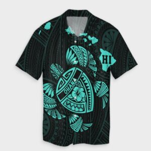 Hawaiian Map Turtle Ohana Hibicus Hawaiian Shirt - Turquoise  - Thelegend59