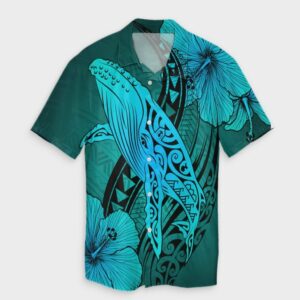 Hawaiian Map Whale Swim Hibiscus Hawaiian Shirt - Turquoise  - Thelegend59