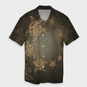 Hawaiian Plumeria Hibiscus Turtle Under Sea Hawaiian Shirt Gold  - Thelegend59