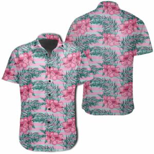 Hawaiian Shirt Tropical Flowers Palm Leaves Hibiscus Strips Hawaiian Shirts  - Thelegend59