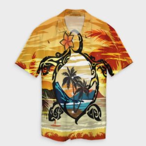 Hawaiian Turtle Plumeria Coconut Tree Hawaiian Shirt Gold  - Thelegend59