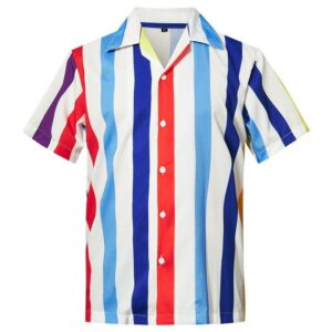 High Quality Mens Hawaiian Shirt Red White Blue Stripes Printing  - Thelegend59