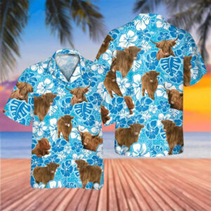 Highland Cow Blue Floral Hawaiian Shirt - For Men And Women - Kids  - Thelegend59