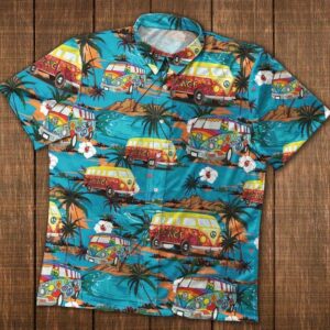 Hippie Camping Van Blue Summer Vibes Unisex Hawaiian Shirts  - Thelegend59