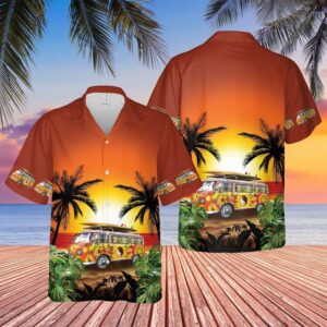 Hippie Camping Van On The Sunset Beach Unisex Hawaiian Shirts  - Thelegend59