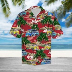 Hippie Car Palm Island Red High Quality Unisex Hawaiian Shirt  - Thelegend59