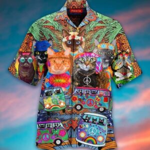 Hippie Van And Cat Multicolor Nice Design Hawaiian Shirt  - Thelegend59