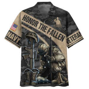 Honor The Fallen Kneeling Soldier And Gun U.S Navy Veteran Hawaiian Shirt - For Men And Women - Kids  - Thelegend59