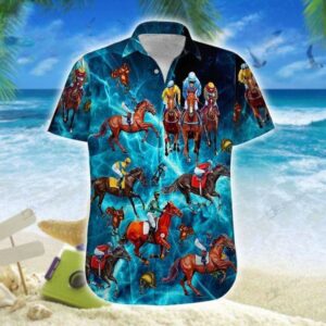 Horse Racing Blue Thunder Pattern Unisex Hawaiian Shirts  - Thelegend59