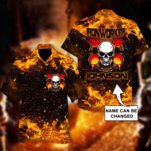 Ironworker Flaming Skull Unisex Hawaiian Shirts  - Thelegend59