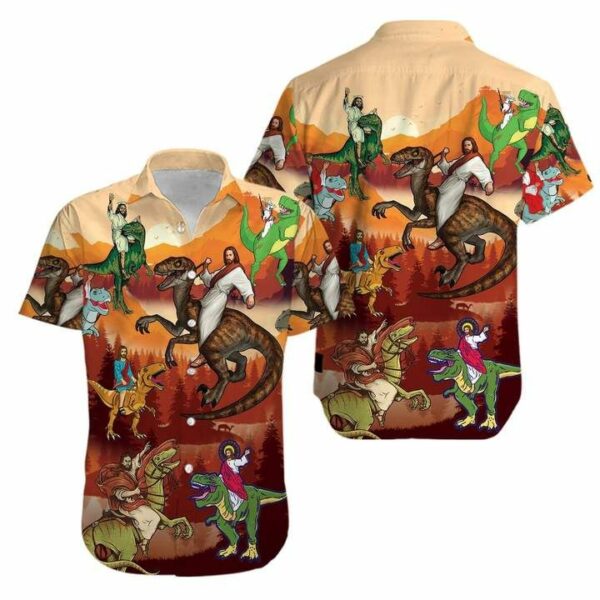 Jesus Rides A Dinosaur Hawaiian Graphic Print Short Sleeve  - Thelegend59
