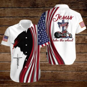 Jesus Take The Wheel American Flag Christian Cross Hawaiian Shirts  - Thelegend59