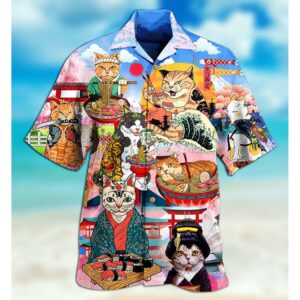 Kawaii Cats Samurai With Ramen Noodles Hawaiian Aloha Hawaiian Shirtss  - Thelegend59