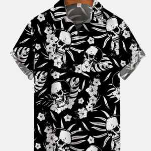 Leisure Vacation Hawaiian Black And White Leaf Skull Hawaiian Shirt - For Men And Women - Kids  - Thelegend59