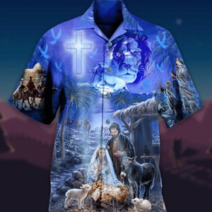 Lion With Jesus Was Born In Farm Blue Hawaiian Shirt - For Men And Women - Kids  - Thelegend59