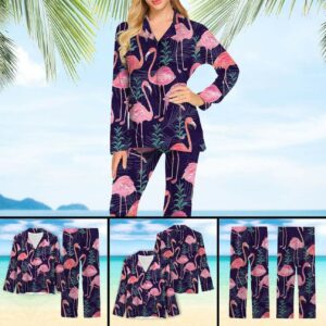 Lovely Pinky Flamingo Hawaiian Long Silk Pajamas Set  - Thelegend59