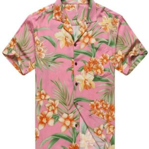 Made In Hawaii Mens Hawaiian Shirt Aloha Hawaiian Shirts Orange Floral With Green Leaf In Pink  - Thelegend59