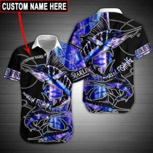 Marlin Fishing Blue Custom Name Aloha Hawaiian Shirts  - Thelegend59