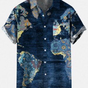 Men'S Dark Blue Holiday Casual Printed Hawaiian Shirt With Pockets  - Thelegend59