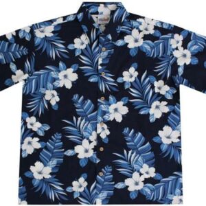 Mens Navy Blue Hawaiian Shirts With Hibiscus Flowers  - Thelegend59