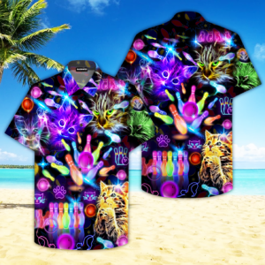 Neon Kitty Play Bowling In The Dark Hawaiian Shirt For Men Women  - Thelegend59