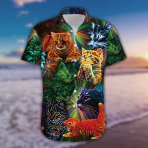 Neon Light Colorful Cat Hawaiian Aloha Hawaiian Shirtss  - Thelegend59