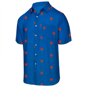 New York Mets Mini Print Logo Button Up Royal Hawaiian Shirt  - Thelegend59