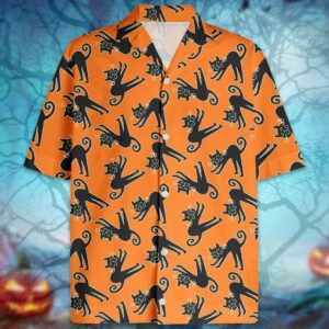 Orange Halloween Cute Black Cat Pattern Hawaiian Aloha Hawaiian Shirtss  - Thelegend59