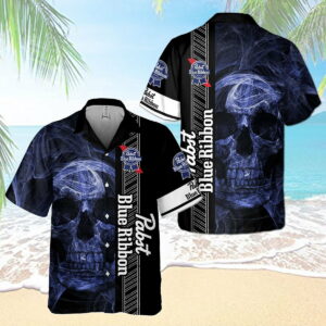 Pabst Blue Ribbon Smoky Blue Skull All Over Print 3D Aloha Summer Beach Hawaiian Shirt  - Thelegend59