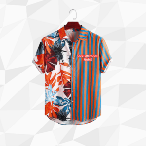 Patch Striped Orange Leaf Summer Unisex Custom Name Hawaiian Aloha Hawaiian Shirtss  - Thelegend59