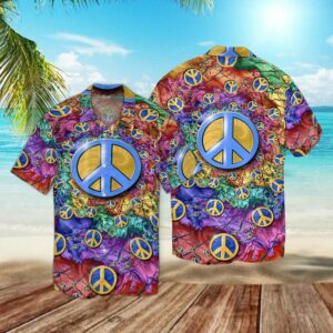 Peace Love Hippie Hawaiian Graphic Print Short Sleeve Hawaiian Shirt  - Thelegend59