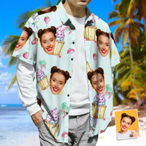 Personalised Face Hawaiian Shirt Ice Cream &Amp; Strawberry Summer Holiday Hawaiian Shirts Unisex  - Thelegend59
