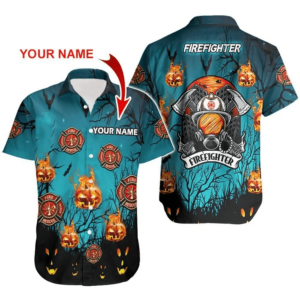 Personalized Halloween Theme Firefighter Custom Name Hawaiian Aloha Hawaiian Shirtss  - Thelegend59